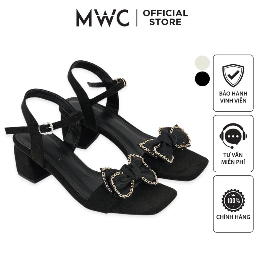 Giày Cao Gót MWC 4343 - Giày Sandal Cao Gót 5PQuai Ngang Đính Nơ Viền Xích Gót Vuông Thời Trang