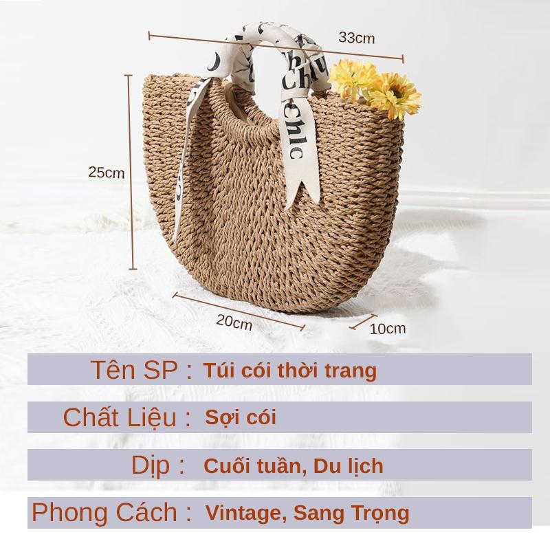 Túi cói bán nguyệt xách tay cỡ to đi biển du lịch phong cách thời trang vintage sang trọng cho nữ TX31