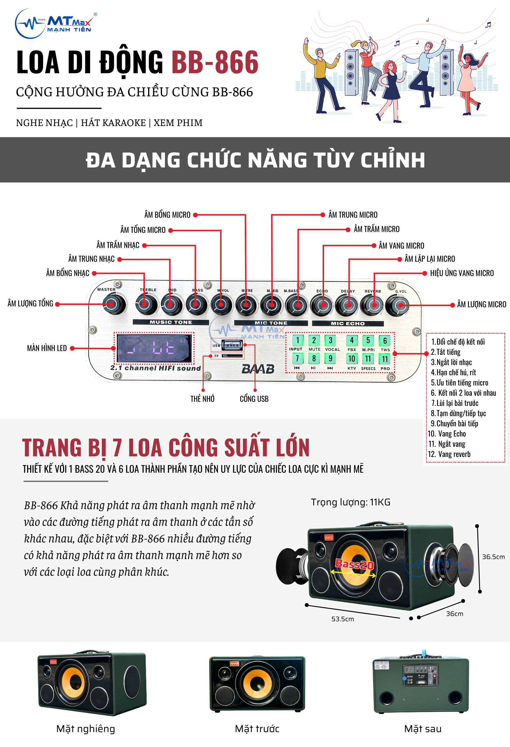 Loa Di Động BB866 - Hệ Thống 7 Loa 3 Đường Tiếng Âm Thanh Đa Hướng Kèm 2 Micro Cao Cấp Hàng Chính Hãng