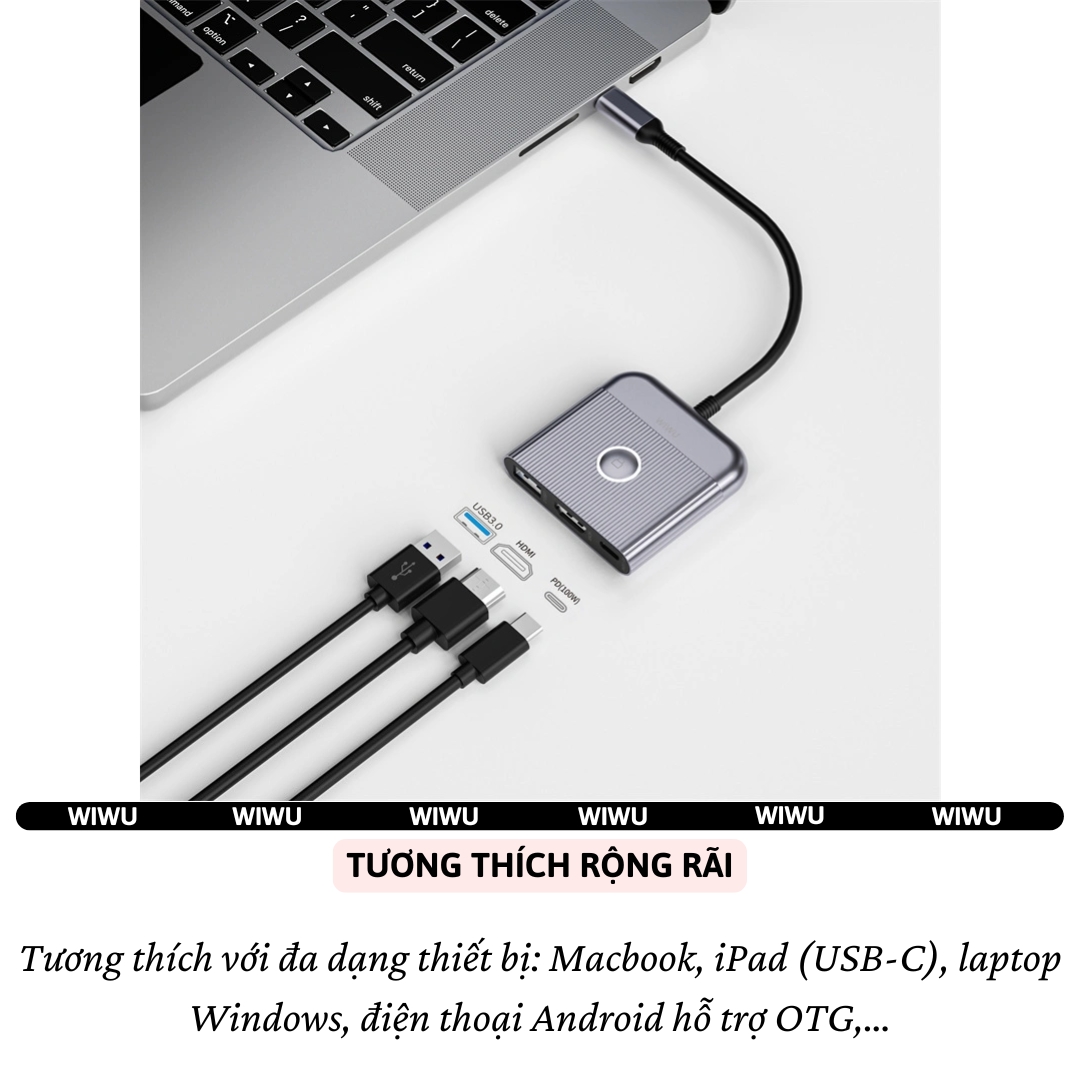 Hub chuyển đổi chia cổng Type-C chia cổng 3in1 HDMI 4K@60Hz + PD 100W Type-C + USB 3.0 hiệu WIWU Travel Docking cho Macbook Laptop cho iPhone - Hợp kim nhôm nguyên khối, KẾT NỐI CHUYÊN NGHIỆP CHO DÂN VĂN PHÒNG &amp; NGƯỜI HAY DI CHUYỂN - Hàng nhập khẩu