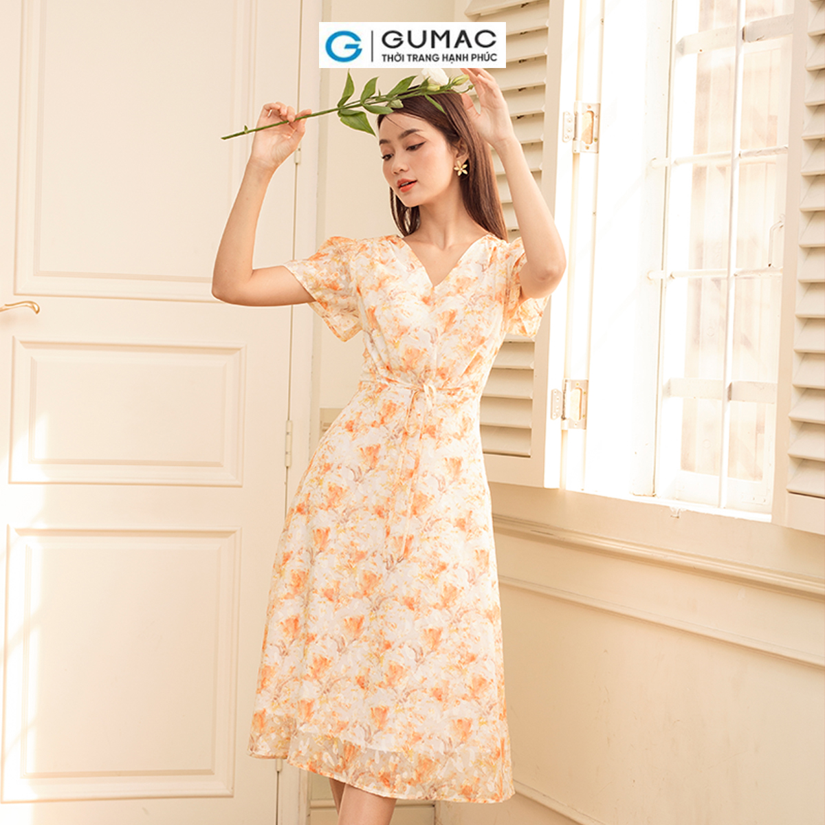 Đầm 2 lớp cổ V hoa thắt nơ eo nữ tính thanh lịch thời trang GUMAC DD06015