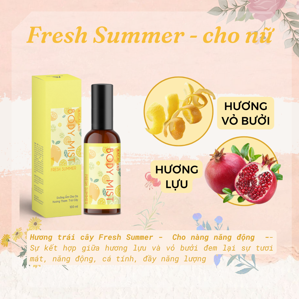 Body Mist xịt thơm body MACALAND hương trái cây dưỡng ẩm cho da