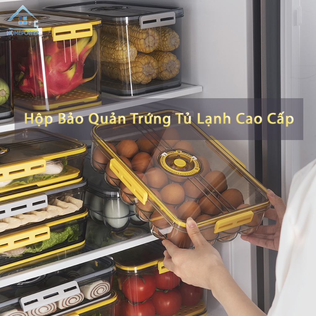 Hộp đựng trứng, khay trứng, hộp bảo quản thực phẩm tủ lạnh Homepower cao cấp, trên nắp đậy có phần ghi chú thời gian bảo quản tiện lợi