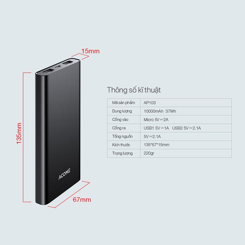 Pin Sạc Dự Phòng Điện Thoại Dung Lượng 10.000mAh ACOME 10.5W - Hàng Chính Hãng