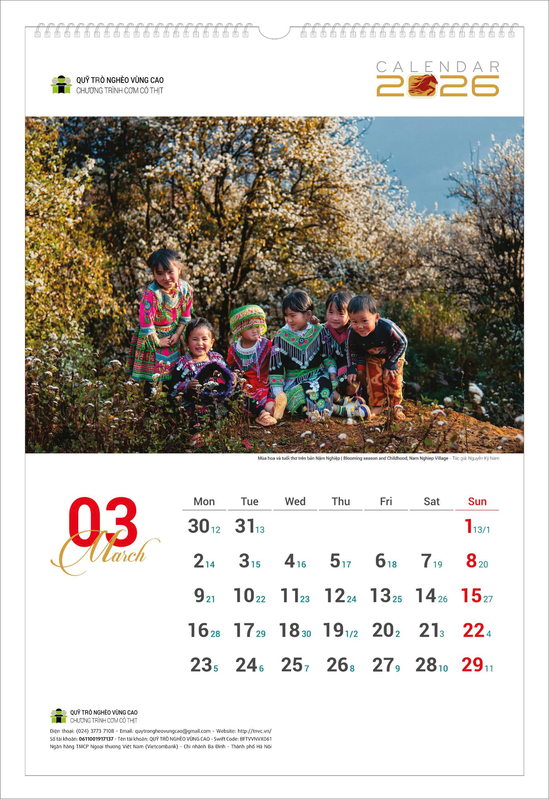 Lịch tường Trẻ Em vùng cao 2026 Cơm Có Thịt - Lịch treo tường Quỹ Trò Nghèo Vùng Cao