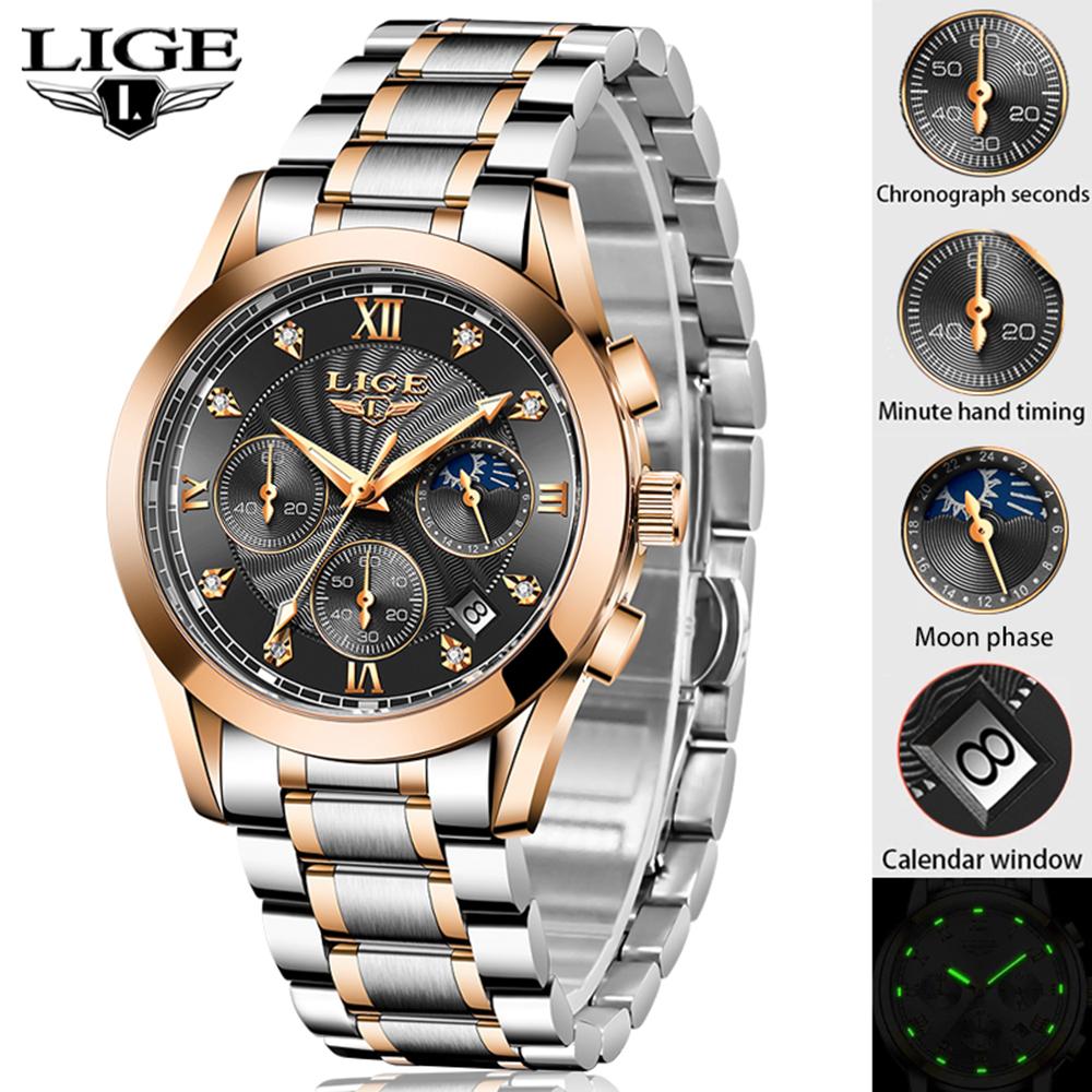 Đồng hồ nam thạch anh LIGE tinh tế hiển thị thời gian và lịch Chronograph Con trỏ dạ quang 30M Chống thấm nước - Bạc & Xanh lam - Dây da