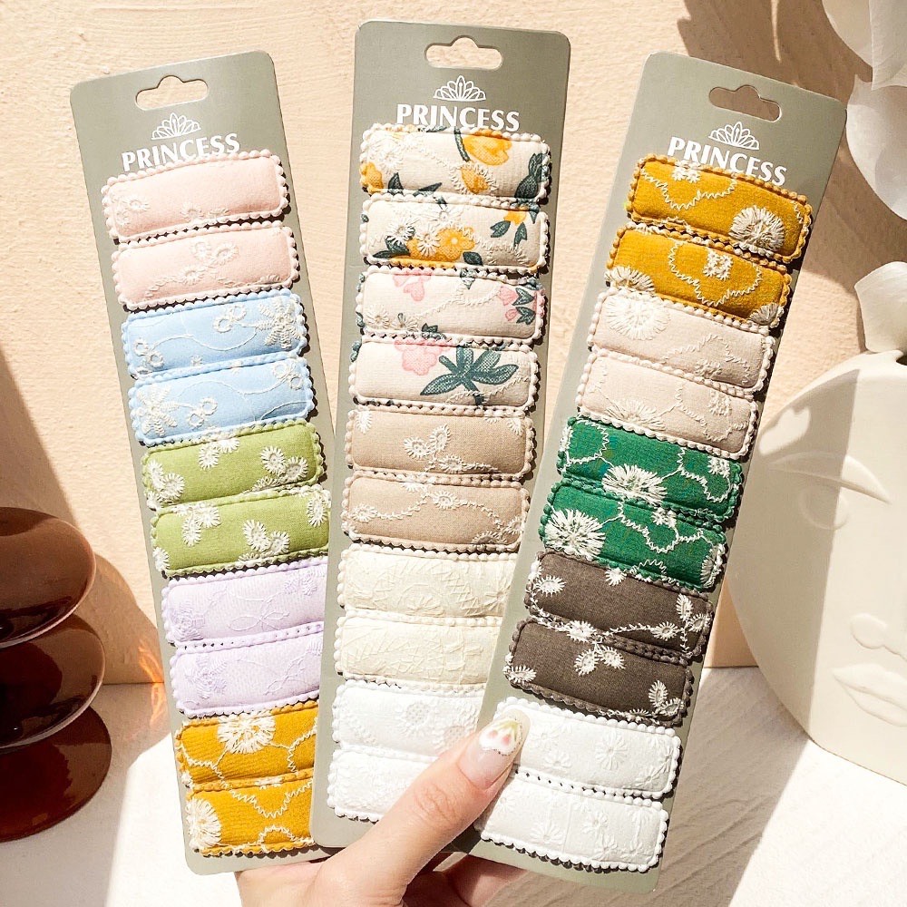 Set 10 Kẹp Tóc Bấm Hình Vuông Thêu Họa Tiết Vintage