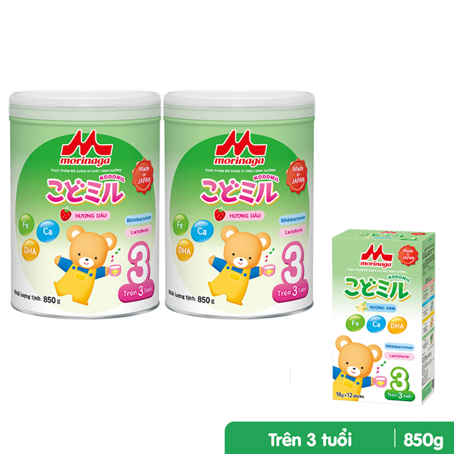 Combo 2 lon Sữa Morinaga số 3 Hương dâu (Kodomil) 850g + 1 Hộp Morinaga Hương Vani (Kodomil) 216gr (Trên 3 tuổi)