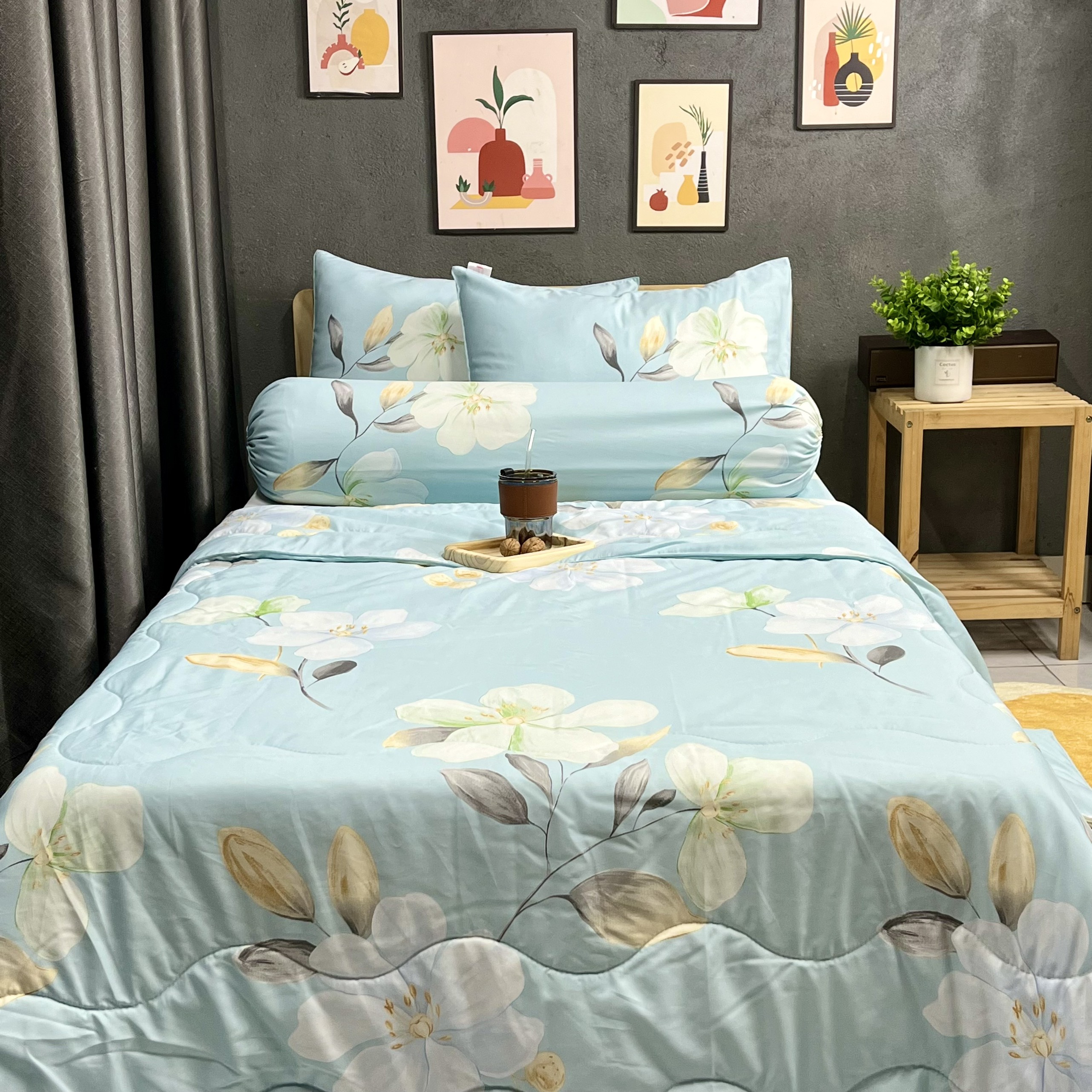 Bộ Chăn Ga Gối Đệm Phi Lụa Tencel Bộ Chăn Ga 5 Món Drap Giường