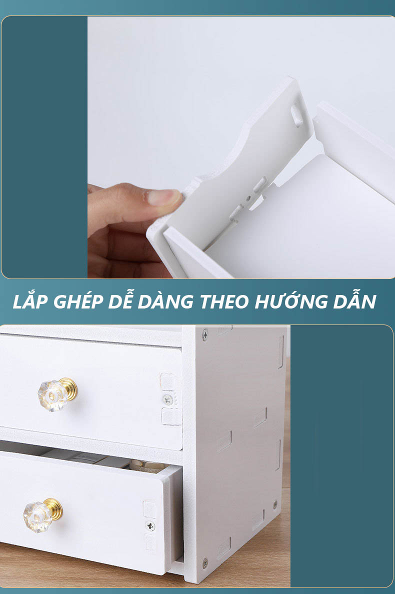 Kệ mỹ phẩm để bàn tủ đựng đồ trang điểm đồ trang sức hộp đựng mỹ phẩm bằng gỗ nhựa composite kèm gương trang điểm cao cấp KMP5 - Tặng kèm băng đô trang điểm thời trang bằng lụa màu ngẫu nhiên