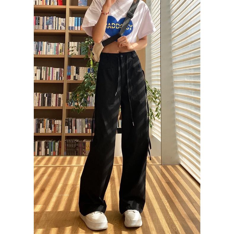 Quần KaKi Lưng Cao Phối Dây, Quần Túi Hộp Cargo Pants Có Túi Dáng Rộng Phong cách Retro cá tính Unisex