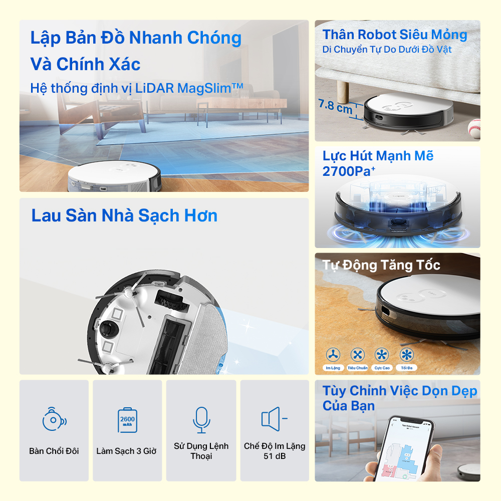 Robot Hút Bụi Và Lau Nhà TP-Link Tapo RV20 Mop / RV20 Mop Plus Điều Hướng LiDar MagSlim - Hàng Chính Hãng