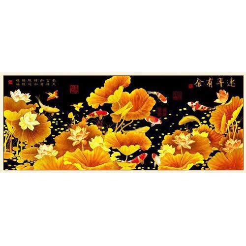 Tranh thêu chữ thập thêu kín Cửu Ngư Quần Hội- Kim Sắc Hoa Sen chưa thêu