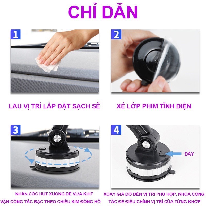 Giá Đỡ Điện Thoại Trên Ô Tô Gắn Taplo, Kính Chắn Gió Hút Chân Không Chắc Chắn, Kẹp Điện Thoại Ô Tô Xoay 360 Độ Đa Năng