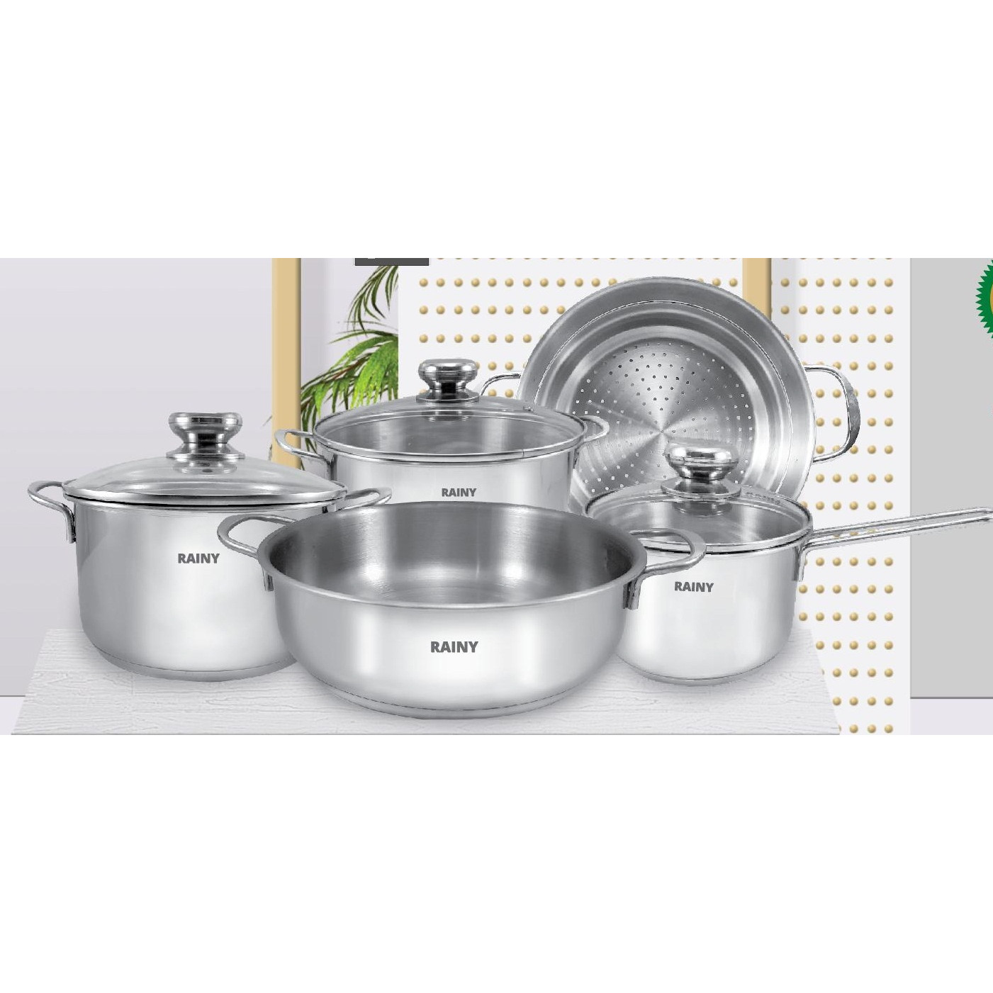 Bộ 5 nồi xửng inox 3 đáy Rainy RN-09TTK (Nắp kính)- Hàng chính hãng