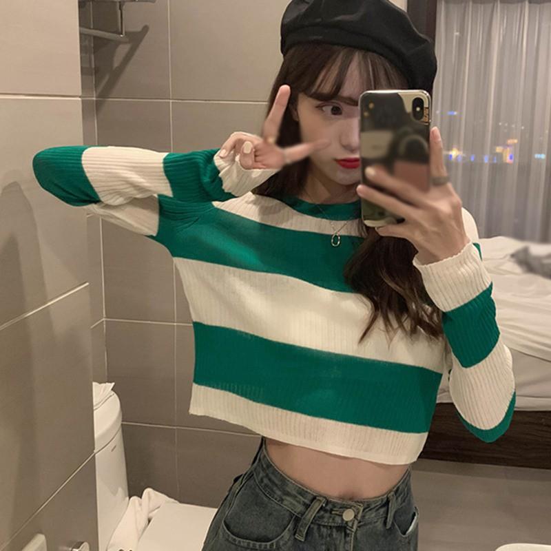 Áo len rộng họa tiết sọc tay dài chống nắng thời trang nữ