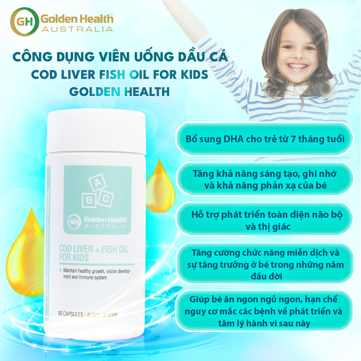 [GOLDEN HEALTH] Viên uống dầu cá bổ sung DHA cho trẻ từ 7 tháng tuổi Golden Health Cod Liver Fish Oil For Kids