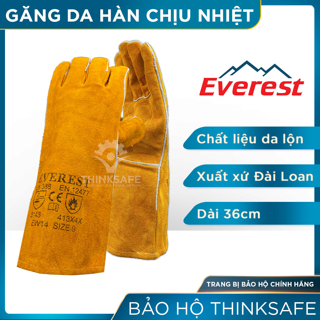 Găng tay da hàn Everest EW14 bao tay chống cháy, chịu nhiệt/ tia lửa văng bắn chuyên dùng hàn que (vàng) - Labor Leather Glove EW14