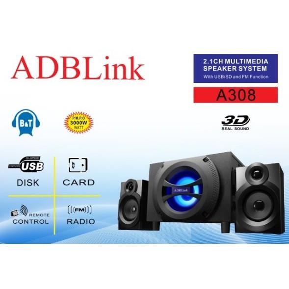 Loa Vi Tính 2.1 ADBLink A308-  Bluetooth Có khe cắmThẻ Nhớ ,Usb Hàng Chính Hãng