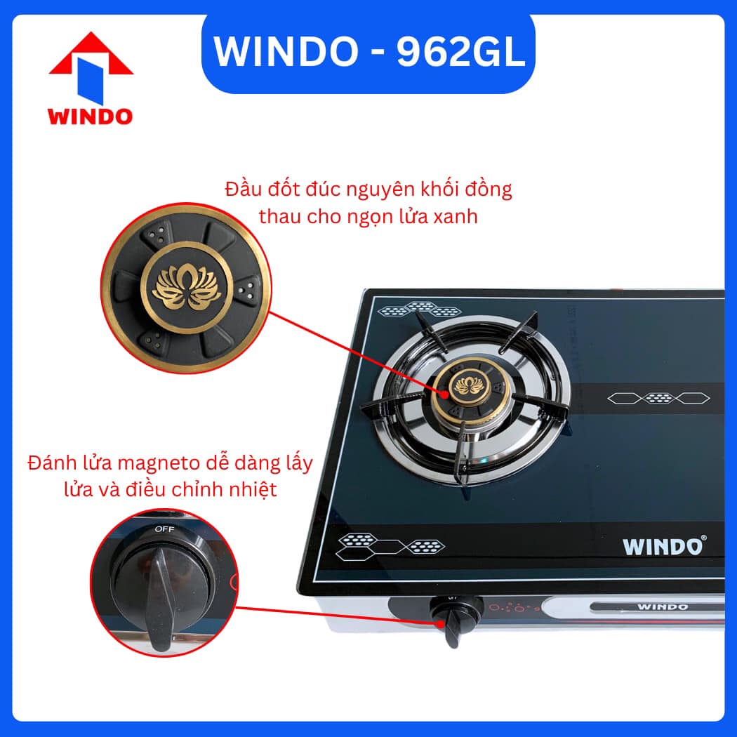 BẾP GAS ĐÔI MẶT KÍNH CAO CẤP WINDO - 962GL- Hàng Chính Hãng