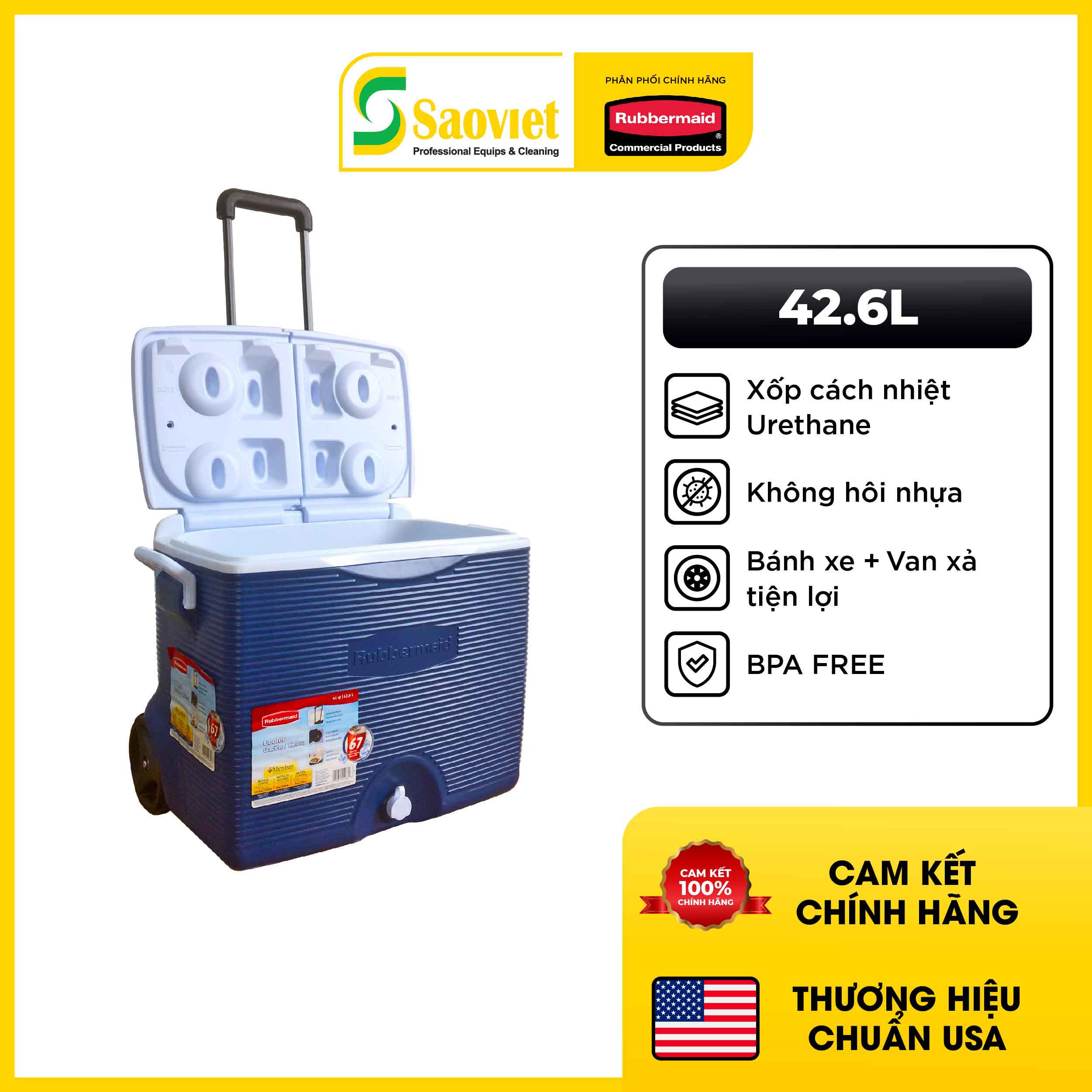 Thùng đá Rubbermaid 42,6L giữ nhiệt siêu lâu, có bánh xe to và tay kéo vali tiện lợi | SAOVIETCO | FG2A9102MODBL