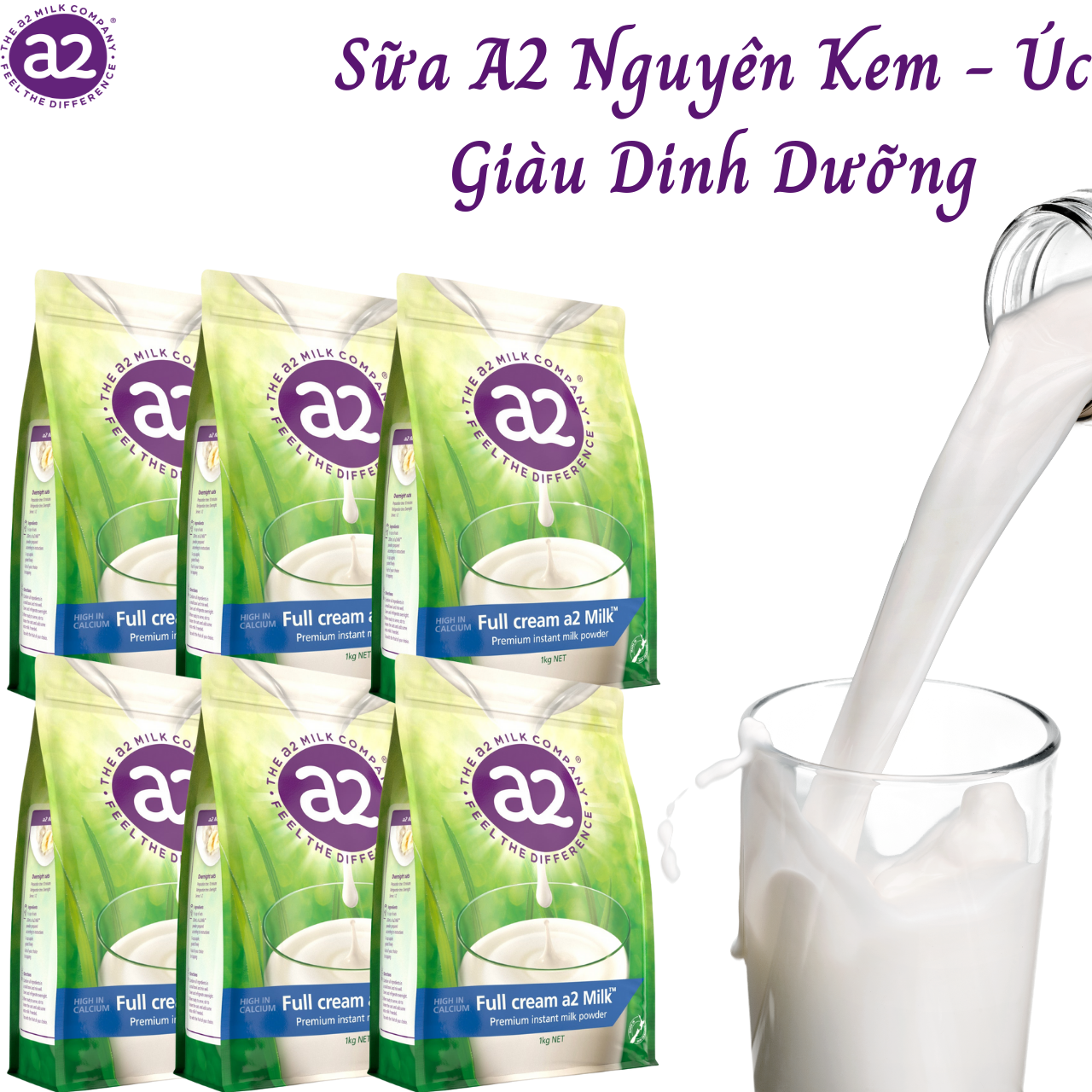 Combo 6 Túi Sữa Bột Nguyên Kem A2 Túi 1Kg của Úc, Giàu Canxi Hỗ Trợ Tăng Cường Sức Khỏe, bổ sung dưỡng chất thiết yếu, cung nấp năng lượng