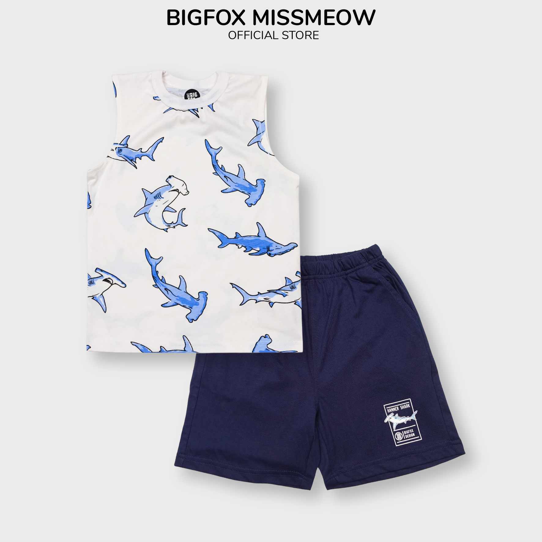 Bộ đồ sát nách cho bé trai Bigfox Miss Meow size đại mùa hè vải cotton kiểu ba lỗ in cá mập 3,7,9,11 tuổi 30kg 40kg 1929