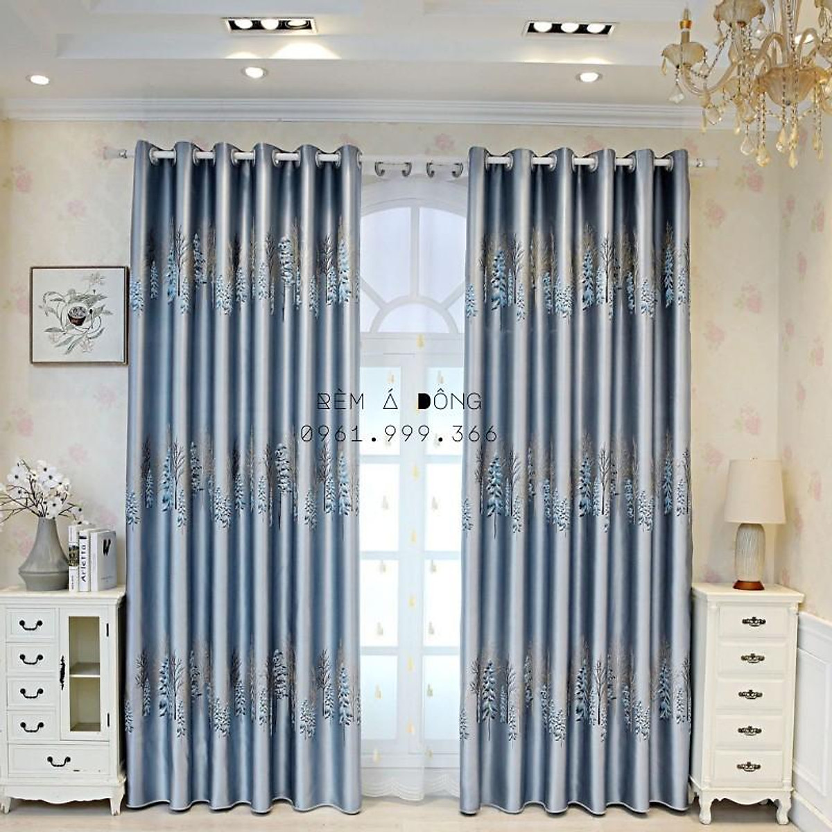 HN_Rèm vải gấm họa tiết cây thông tuyết sang trọng, trẻ trung - Cao cố định 1.8m