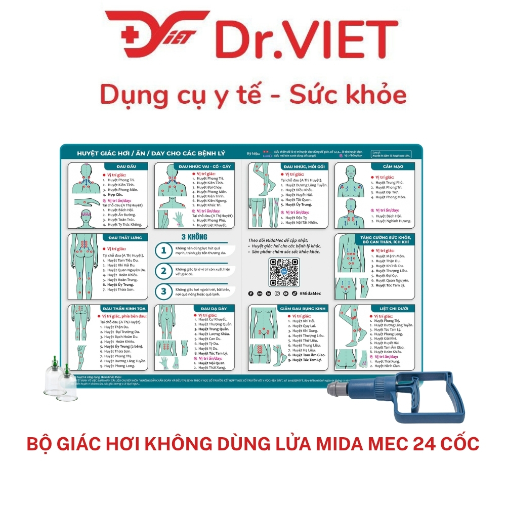 Bộ Giác Hơi Không Dùng Lửa MIDA Mec 24 Cốc FCT0024, Hút Chân Không An Toàn, Nhựa Nguyên Sinh, Có Dây Tự Giác Lưng