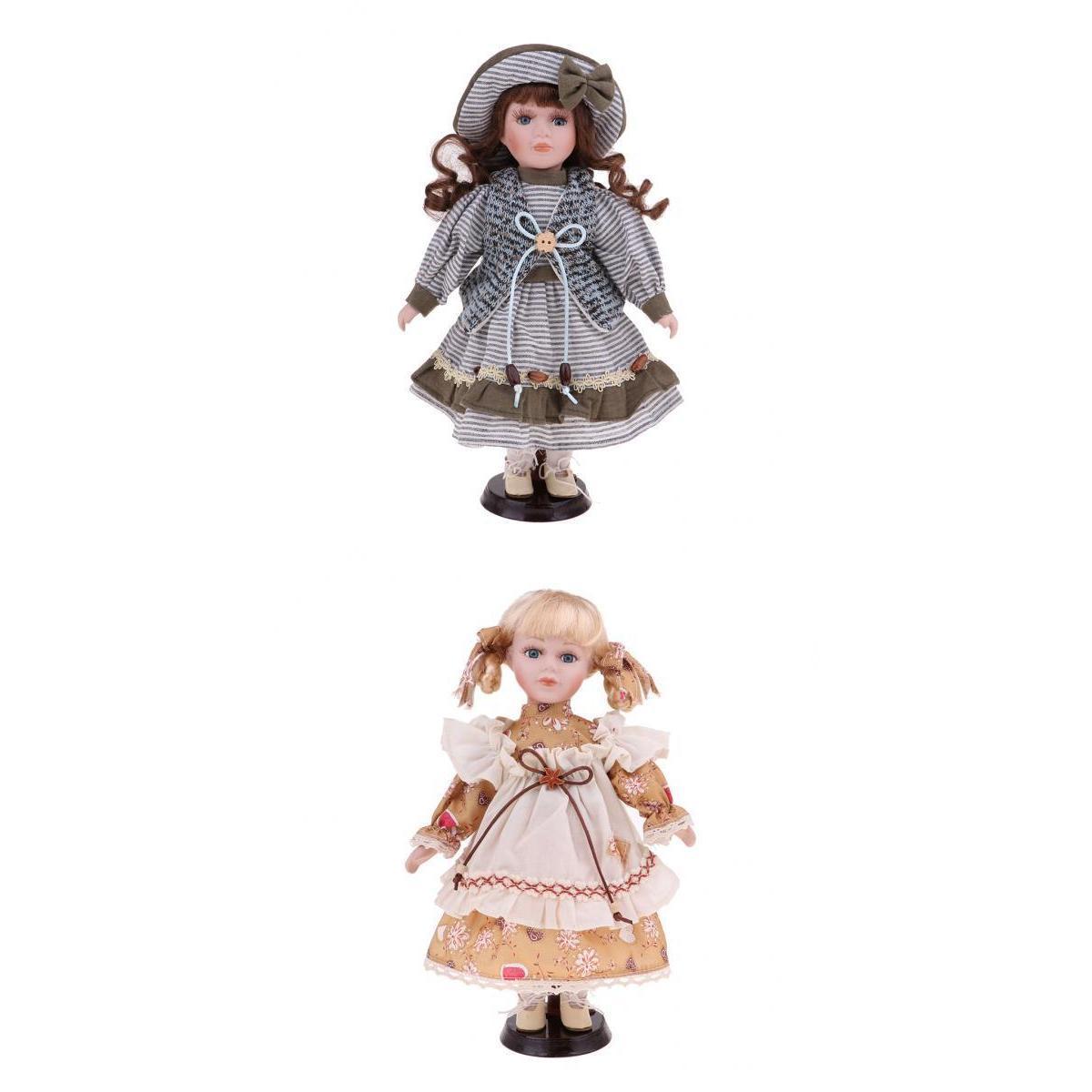 2x Lovely Porcelain Girl Doll People Figure with Gray Clothes Hat Set Gift