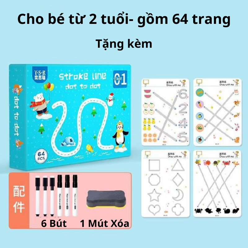 Bộ Đồ Chơi Tập Tô, Sách Viết Nối Tái Sử Dụng Nhiều Lần, 64 Trang Bìa Cứng Nhiều Chủ Đề Cho Bé Phát Triển Trí Tuệ