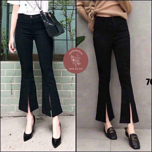 Quần Bò Giấy Ống Loe Xẻ Gấu Trước Cạp Cao Siêu Tôn Dáng