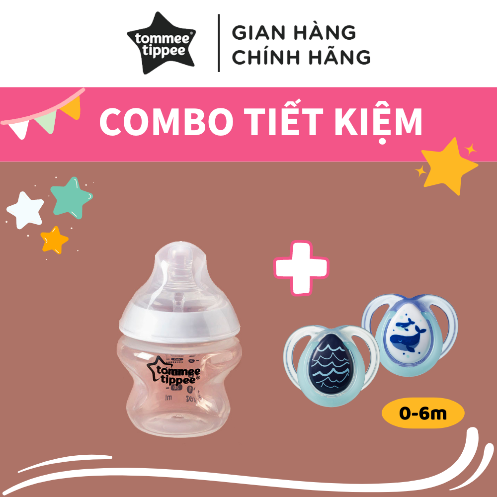 COMBO Bình sữa ty siêu mềm tự nhiên Tommee Tippee Closer to Nature 150ml &amp; Ty ngậm dạ quang cho bé Tommee Tippee Night Time 0-6 tháng (vỉ đôi) - Cá Voi