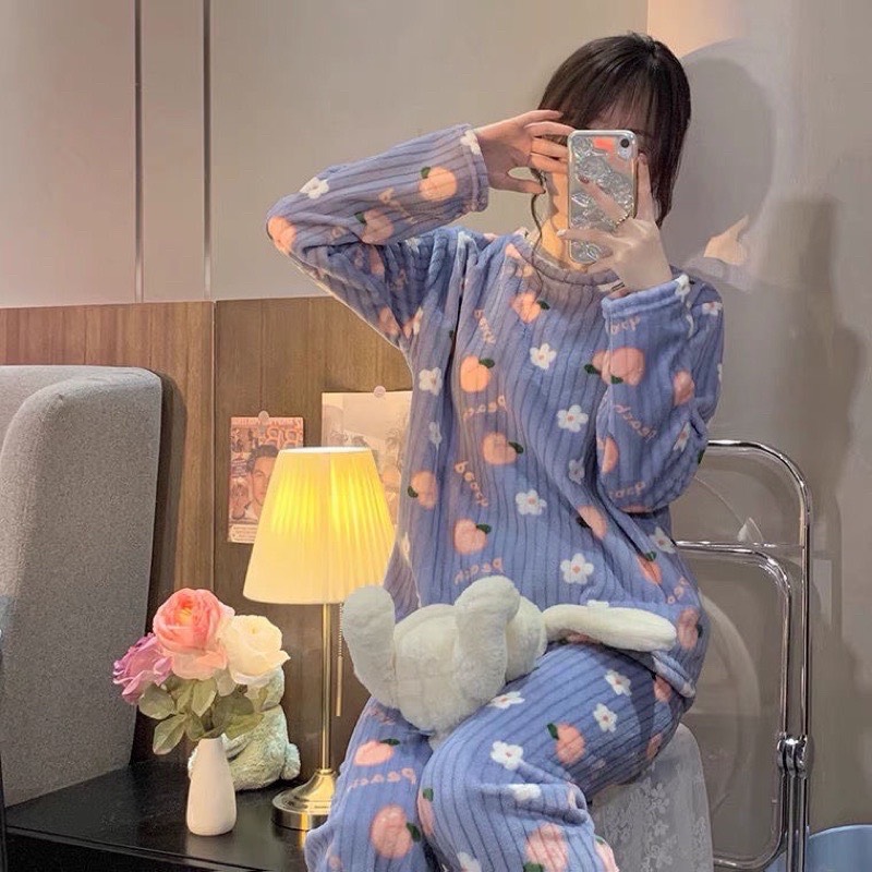 [ Hot loại 1 ] Bộ mặc nhà nỉ lông  hoạ tiết trái đào mềm siêu ấm áp, bộ ngủ lông cừu mẫu mới 2022