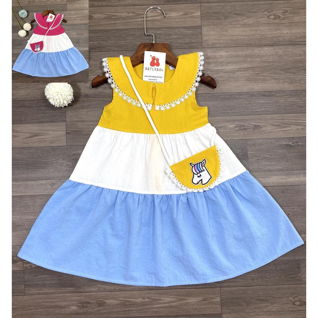 Đầm bé gái,váy trẻ em phối 3 màu vải Linen cao cấp kèm túi siêu xinh cho bé , size 0 đến 8 tuổi