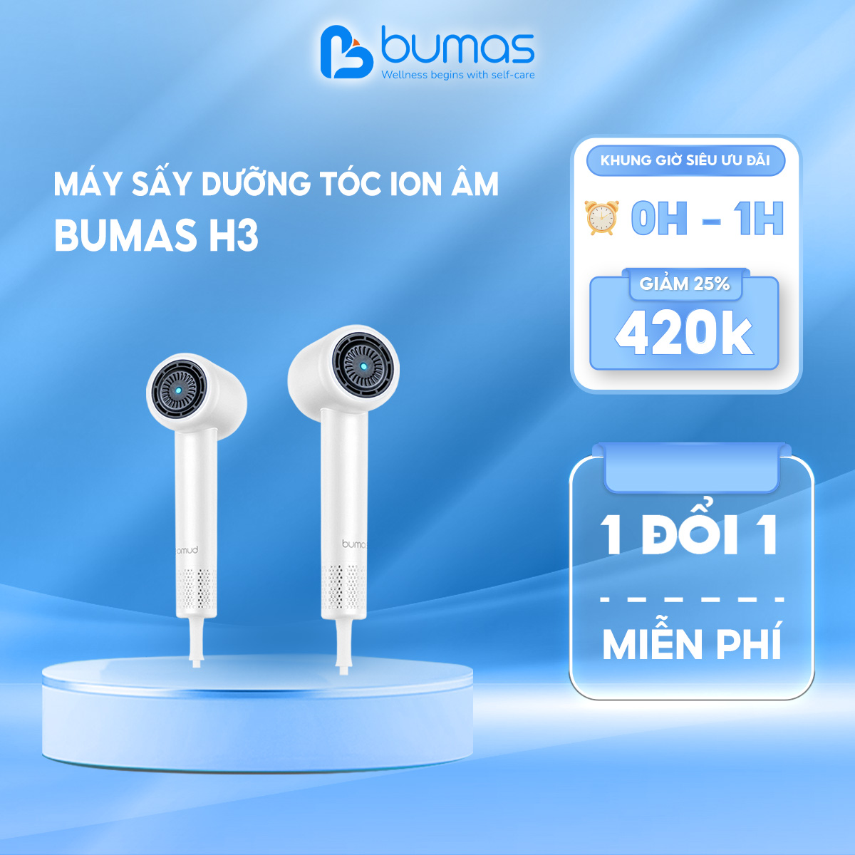 Máy Sấy Dưỡng Tóc Ion Âm Bumas H3 Sấy Khô Trong 3 Phút Tự Động Vệ Sinh Máy - Chăm Sóc Tóc Chuẩn Spa - Hàng Chính Hãng