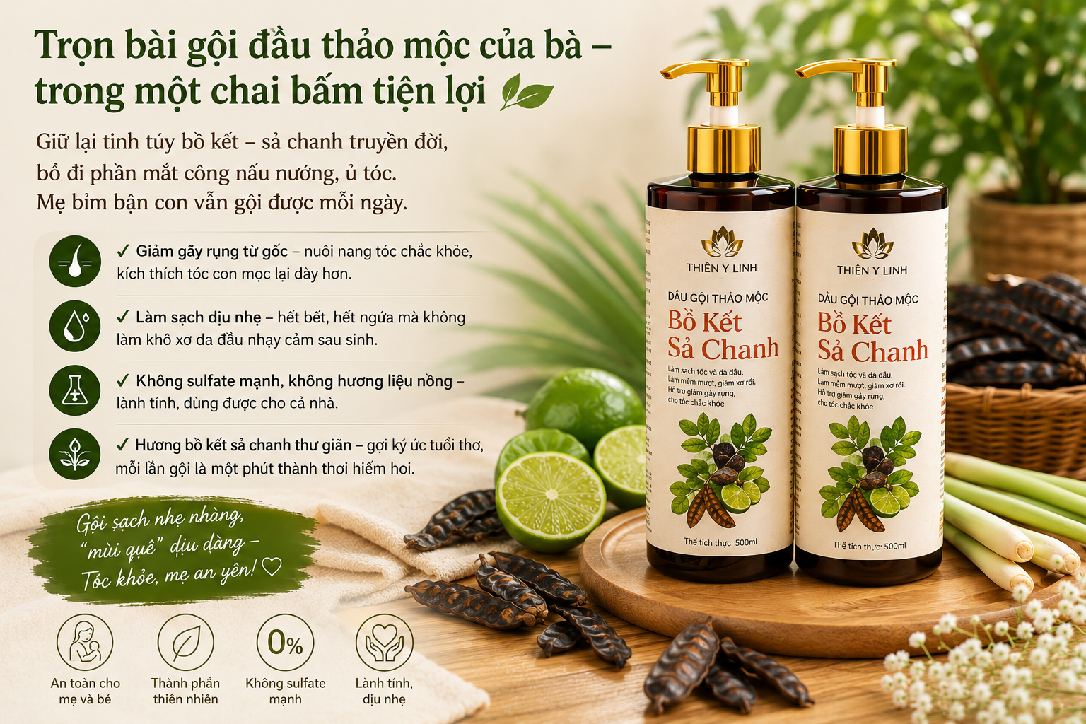 Dầu Xả Bồ Kết Sả Chanh thảo mộc cho nam giới giảm gàu ngăn rụng tóc