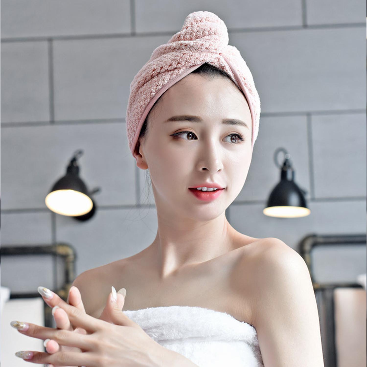 Khăn ủ tóc quấn đầu lông cừu nhanh khô siêu thấm nước cao cấp có nút