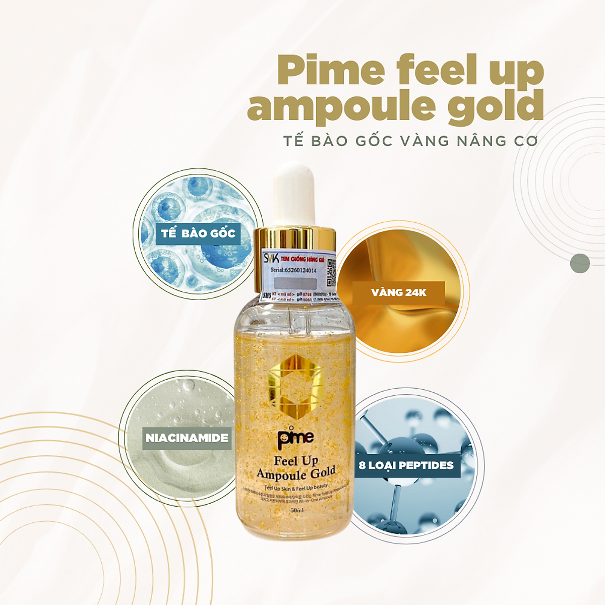 TẾ BÀO GỐC VÀNG TRẺ HÓA NÂNG CƠ PIME FEEL UP AMPOULE GOLD 50ML