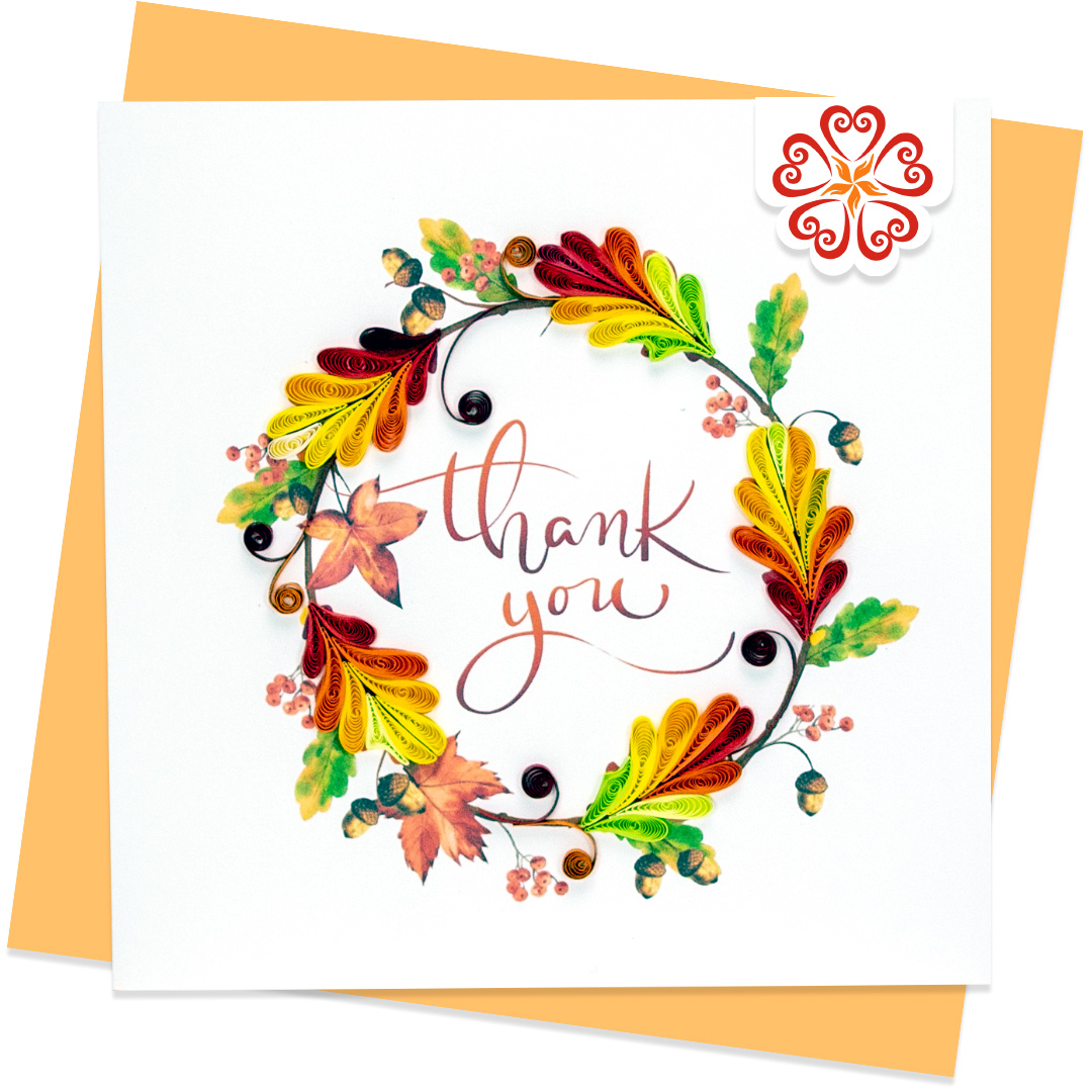 Vòng hoa cảm ơn cùng chữ &quot;Thank you&quot; - Thiệp giấy xoắn 15 x 15 cm - Thiệp chúc mừng nhân dịp cảm ơn