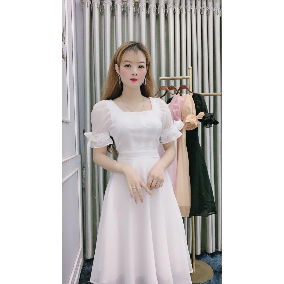 Đầm xòe trắng tay phồng dễ thương