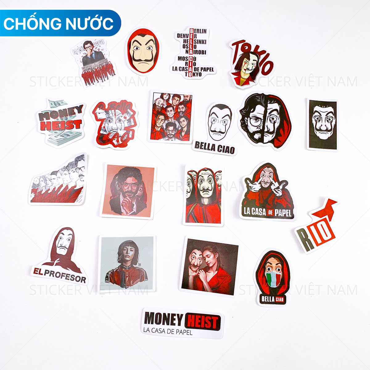 Sticker Money Heist - Phi Vụ Triệu Đô - Chất Liệu PVC Chất Lượng Cao Chống Nước - Kích Thước 4-8cm