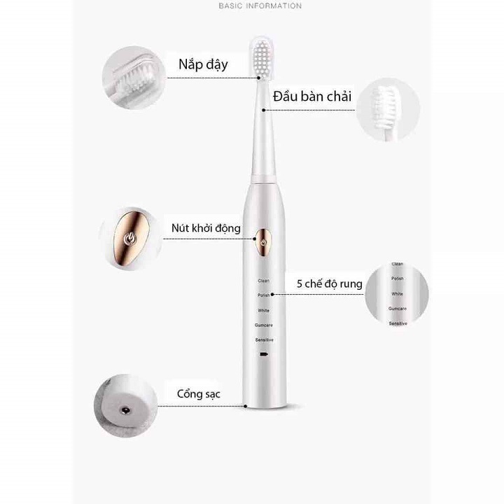 Máy vệ sinh chăm sóc răng miệng bằng điện chính hãng Electric Toothbrush , Tự động 5 Chế Độ Công Nghệ Sóng Âm, Kèm 4 đầu Bàn chải