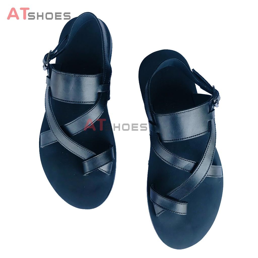 Dép Sandal Unisex cc Da Bò Thật Sandal xỏ ngón nam nữ chuẩn kiểu HQ Trẻ Trung - XDxn203(Đen- đế vàng)