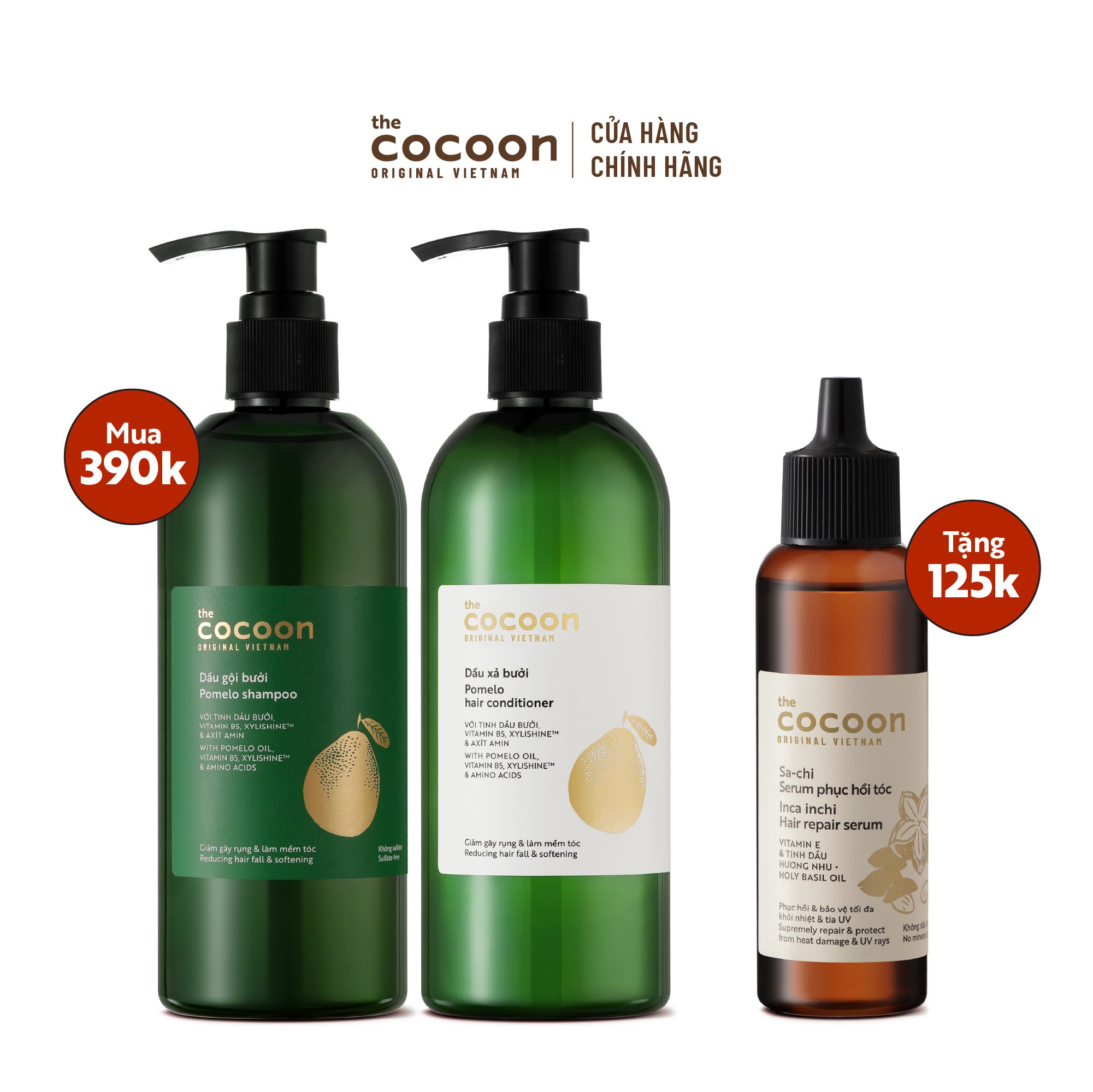 SPECIAL COMBO gội xả bưởi không sulfate giảm gãy rụng tóc Cocoon - tặng 1 Serum Sachi phục hồi tóc Cocoon 70ml