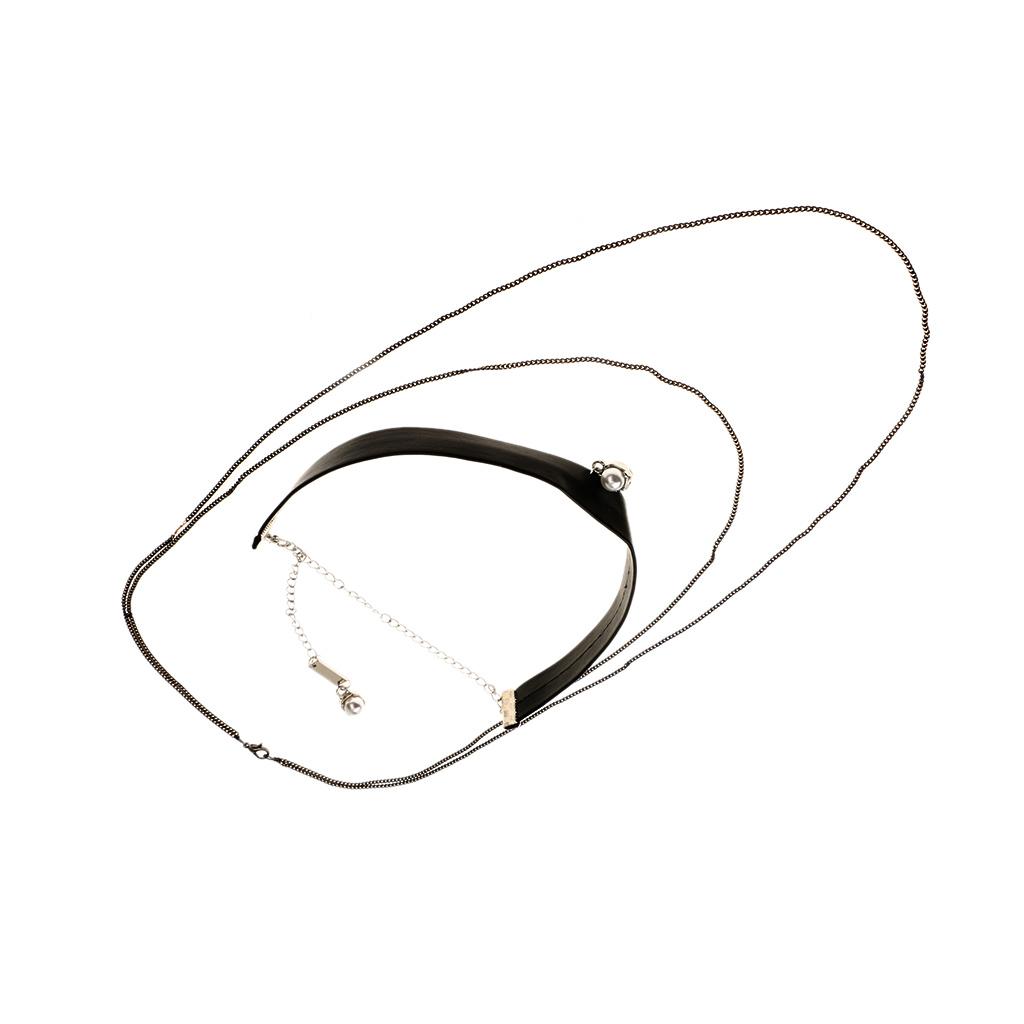 Simple Multilayer Chain Pearl Pendant PU Leather Choker Short Necklace Black