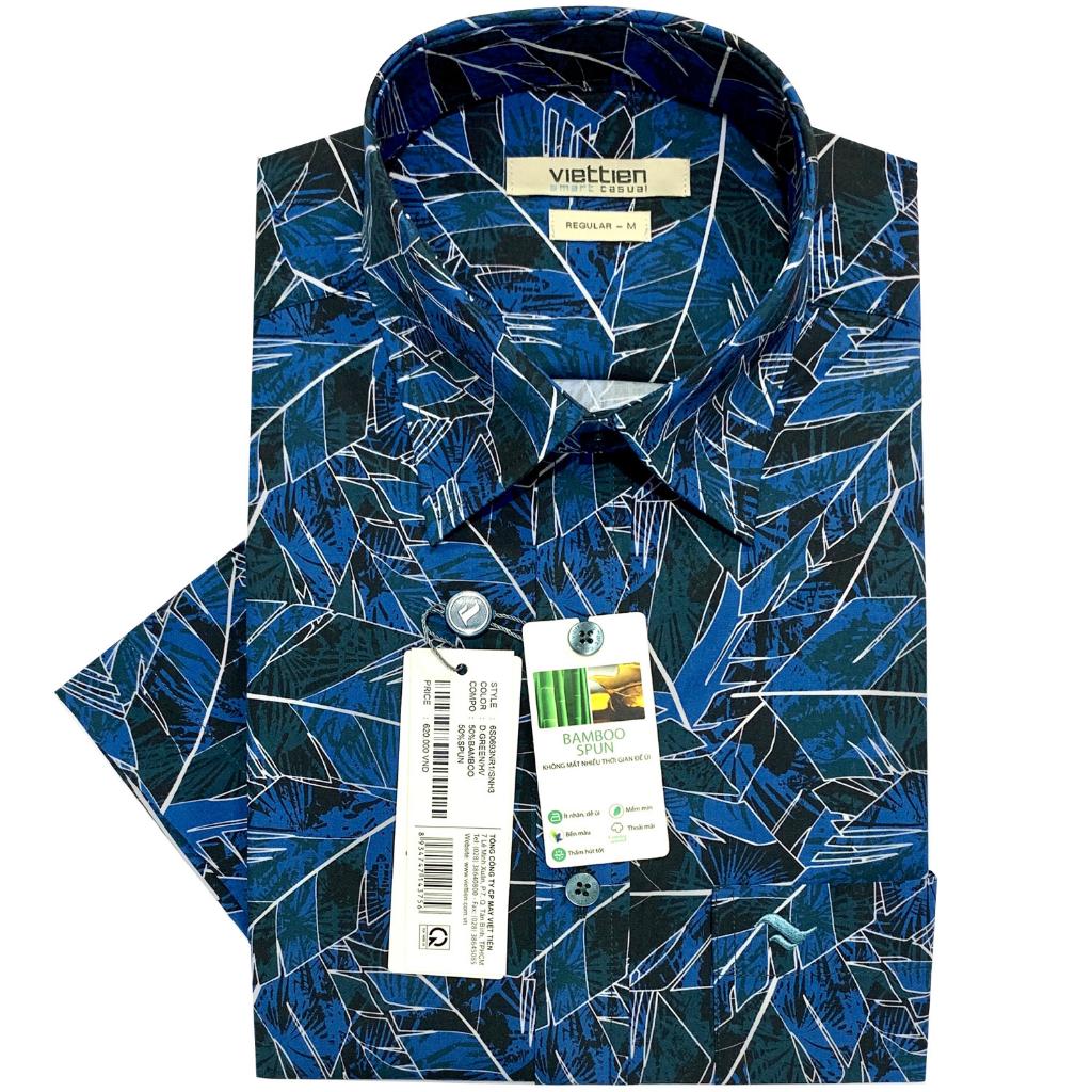 Việt Tiến - Áo sơ mi nam ngắn tay xẻ tà lai ngang Bamboo Regular hoạ tiết hoa lá 6S0693 - Blue
