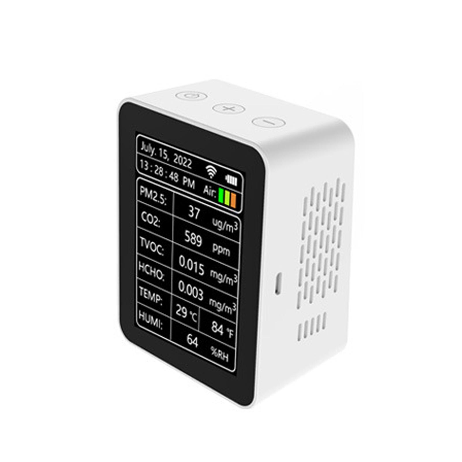 Tuya WiFi Intelligent Air Quality Detector PM2.5 CO2 TVOC HCHO Temperature Humidity AQI 7 In 1 Detector Time Date Week Display Mobilephone APP Remotes Viewing Home Indoor Desktop Air Quality Monitor
