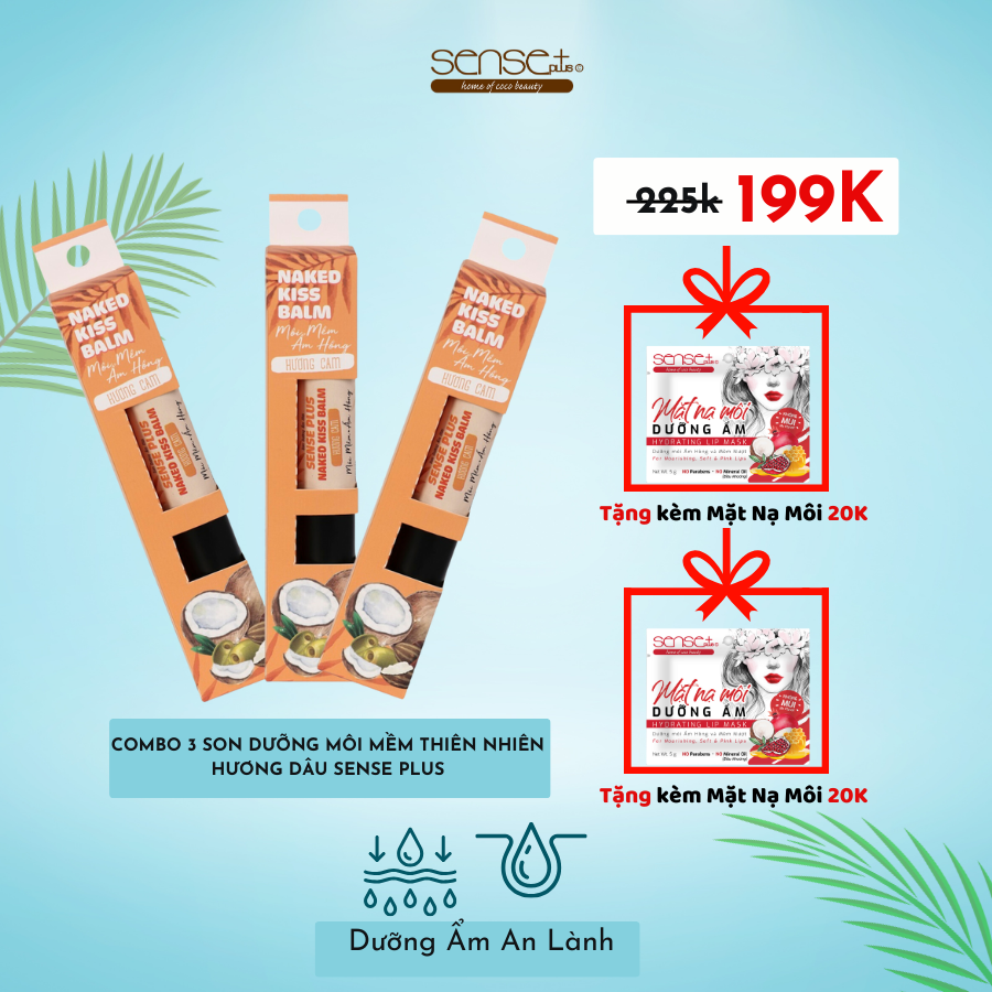 COMBO 3 SON DƯỠNG NAKED KISS BALM SENSE PLUS HƯƠNG CAM + TẶNG 2 MIẾNG MẶT NẠ MÔI