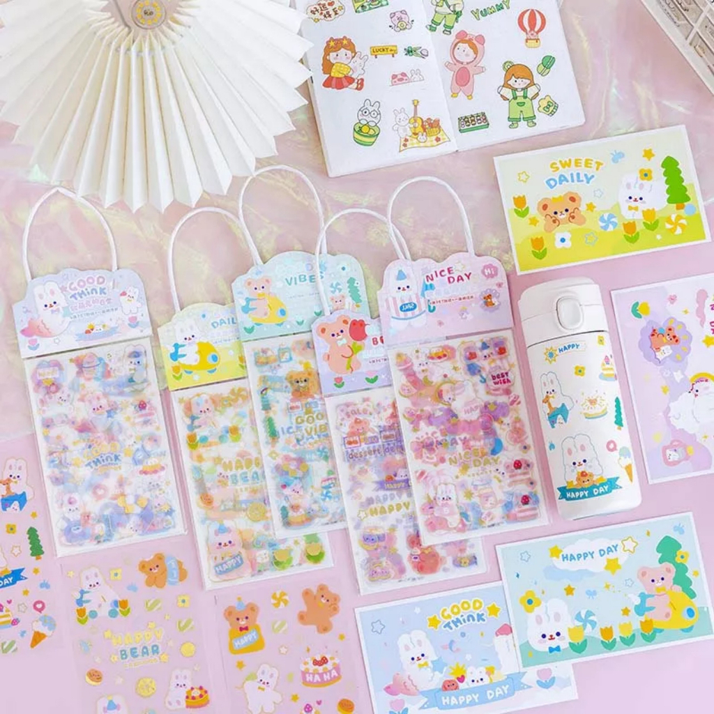 Set 3 Túi Sticker ( 9 Tấm Hình Dán ) Phong Cách Hàn Quốc Siêu Dễ Thương Có Quai Xách